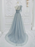 A-Line One Shoulder Tulle Sequin Gray Blue Long Prom Dress HZ1024