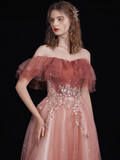 A-Line Off Shoulder Tulle Lace Burgundy Long Prom Dress HZ1024