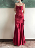 Wine Red Satin Straps Long Evening Dress Prom Dress HZ1024