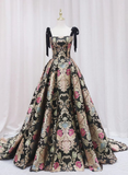 Black Satin Straps A-line Floral Long Formal Dress Prom Dress HZ1024