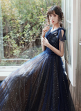 Navy Blue V-neckline Tulle Long Party Dress Prom Dress HZ1024