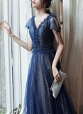 Navy Blue V-neckline Tulle Long Party Dress Prom Dress HZ1024