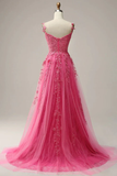 Modest A line Straps Pink Lace Slit Prom Dress Evening Dresses HZ1024