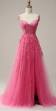 Modest A line Straps Pink Lace Slit Prom Dress Evening Dresses HZ1024