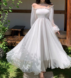 Simple A line Long Sleeves White Long Prom Dresses HZ1024