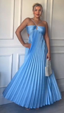 Simple A line Halter Blue Sleeveless Long Prom Dress Formal Evening Dresses HZ1024