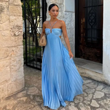 Simple A line Halter Blue Sleeveless Long Prom Dress Formal Evening Dresses HZ1024