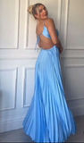 Simple A line Halter Blue Sleeveless Long Prom Dress Formal Evening Dresses HZ1024