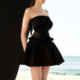 Vintage A Line Strapless Black Satin Cocktail Dresses Short Homecoming Dress HZ1024