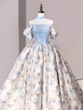 Simple Ball Gown Blue Satin Floral Long Prom Dresses HZ1024