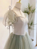 A line Short Sleeves Green Satin Tulle Long Prom Dress HZ1024