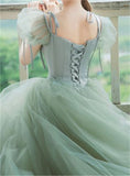 A line Short Sleeves Green Satin Tulle Long Prom Dress HZ1024
