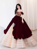 Simple Ball Gown Strapless Red Tulle Long Prom Dresses HZ1024