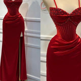 Chic Sheath Spaghetti Straps Long Satin Elegant Red Prom Dress With Beads HZ1024