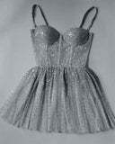 Cute Spaghetti Straps Glitter Sliver Short Homecoming Dress Birthday Outfit HZ1024