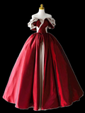 Ball Gown Off The Shoulder Satin Burgundy Long Prom Dresses HZ1024
