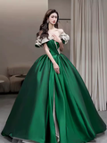 Ball Gown Off The Shoulder Satin Burgundy Long Prom Dresses HZ1024