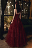 Burgundy Tulle Long Lace Prom Dresses, Wine Red Tulle Long Lace Formal Evening Dress HZ1024