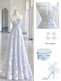 Simple A Line Halter Sleeveless Light Sky Blue Lace Long Prom Dress HZ1024