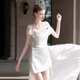 Vintage High Low Off The Shoulder White Satin Wedding Dresses HZ1024