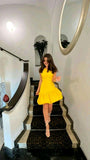 Cute A line One Shoulder Yellow Short Homecoming Dress Birthday Dresses HZ1024