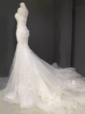 Fairytale Mermaid Strapless Lace White Floral Wedding Dresses HZ1024