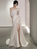 Fairytale Mermaid Short Sleeves White Off The Shoulder Slit Wedding Dress HZ1024