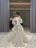 Luxury Mermaid Off The Shoulder Satin White Long Lace Wedding Dresses Brides Gown HZ1024