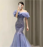 Sexy Mermaid Off The Shoulder Short Sleeves Blue Long Prom Dress HZ1024