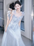 Fairytale Mermaid Straps Gray Sequin Long Evening Dress Beads Prom Dress HZ1024