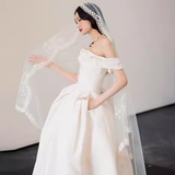 Simple Ball Gown Off The Shoulder Short Sleeves White Satin Wedding Dresses HZ1024