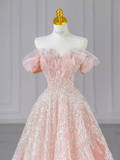 Fairytale A line Off The Shoulder Pink Sequin Beads Long Evening Dress Prom Dresses HZ1024