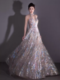 Fairytale A line High Neckline Sequin Beads Long Evening Dress Prom Dresses HZ1024
