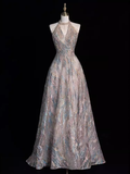 Fairytale A line High Neckline Sequin Beads Long Evening Dress Prom Dresses HZ1024