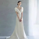 Simple Mermaid V neckline Short Sleeves White Satin Wedding Dresses HZ1024