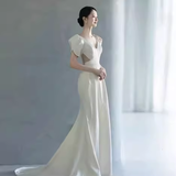 Simple Mermaid V neckline Short Sleeves White Satin Wedding Dresses HZ1024