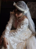 Chic A line V Neckline Lace White Wedding Dress With Long Sleeves HZ1024