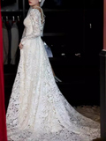 Chic A line V Neckline Lace White Wedding Dress With Long Sleeves HZ1024