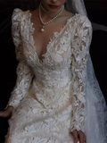 Chic A line V Neckline Lace White Wedding Dress With Long Sleeves HZ1024