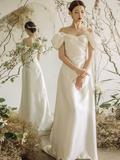 Chic A line Off The Shoulder White Wedding Dress With Short Sleeves HZ1024
