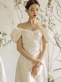 Chic A line Off The Shoulder White Wedding Dress With Short Sleeves HZ1024