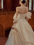 Chic Ball Gown Off The Shoulder White Wedding Dress With Short Sleeves HZ1024