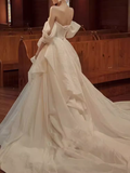 Chic Ball Gown Off The Shoulder White Wedding Dress With Short Sleeves HZ1024