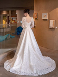 Chic A line Square Neckline Lace White Wedding Dress With Long Sleeves HZ1024