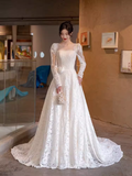 Chic A line Square Neckline Lace White Wedding Dress With Long Sleeves HZ1024
