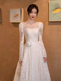 Chic A line Square Neckline Lace White Wedding Dress With Long Sleeves HZ1024