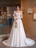 Chic A line Square Neckline Lace White Wedding Dress With Long Sleeves HZ1024