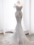 Luxury Mermaid Off The Shoulder Short Sleeves Silver Sequin Wedding Dresses HZ1024