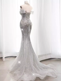 Luxury Mermaid Off The Shoulder Short Sleeves Silver Sequin Wedding Dresses HZ1024