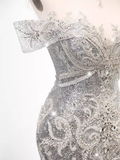 Luxury Mermaid Off The Shoulder Short Sleeves Silver Sequin Wedding Dresses HZ1024